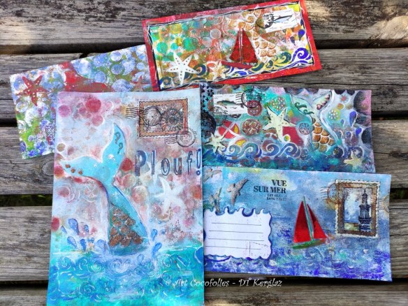 Art postal : cing Mail Art, par l'artiste de mixed media Cocofolies  