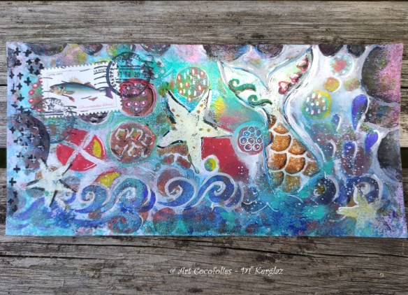 Art postal par Cocofolies : Mail art sirène et étoiles de mer, à l'acrylique