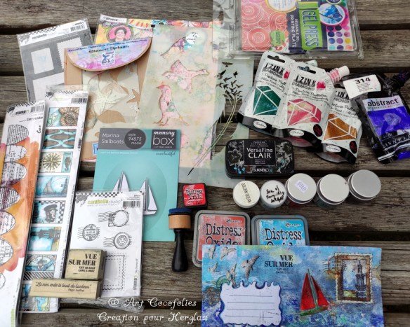 Matériel utilisé pour la réalisation de Mail art marins pour Kerglaz, par Cocofolies